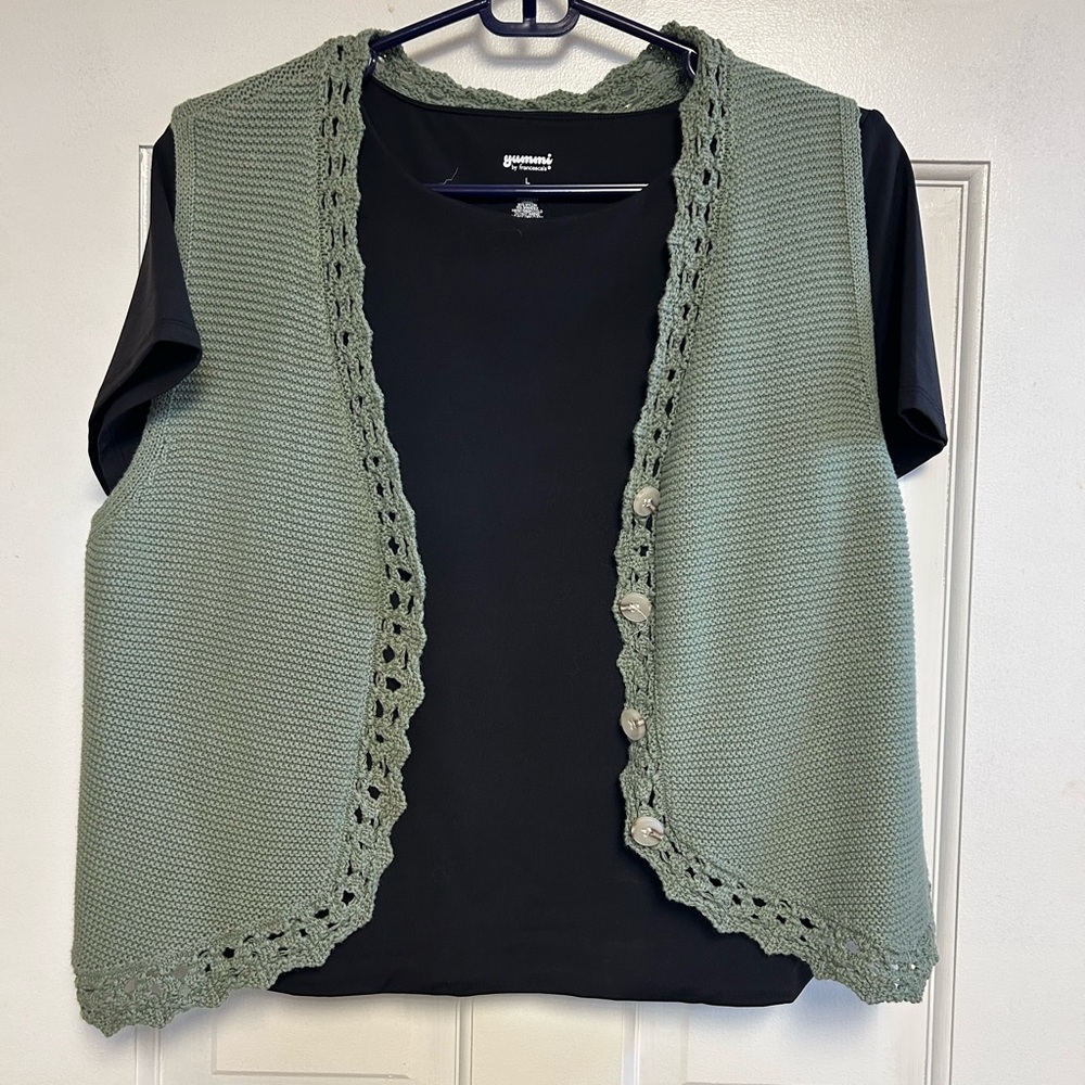 Francesca's Sage Green Cardigan Vest with black form-fitting tee.